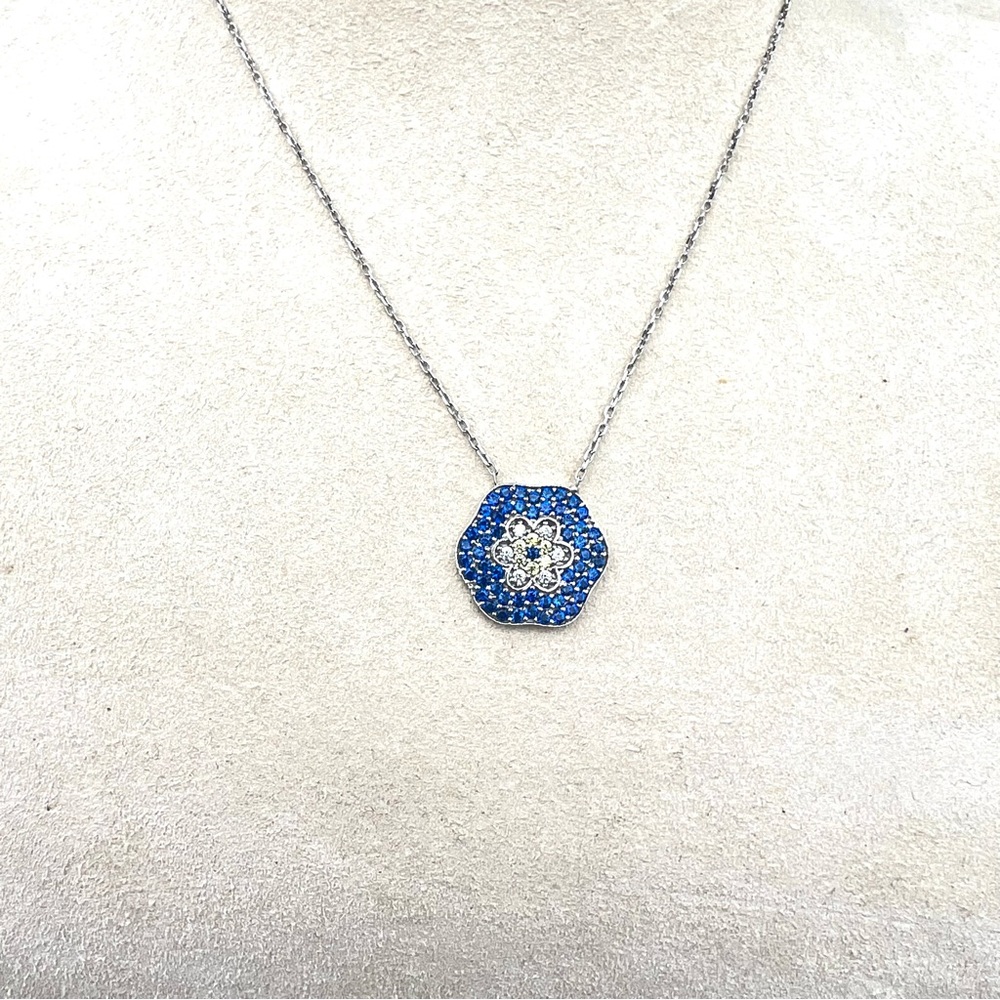 FLOWER Dainty 925 Sterling Silver Blue Clear Rhinestone Adjustable Necklace - Picture 5 of 9